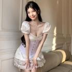 Puff-sleeve Mesh Panel Mini A-line Dress / Corset