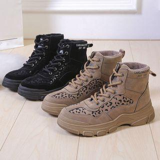 Leopard Print Panel Lace Up Short Boots