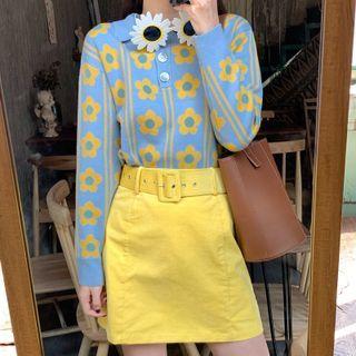 Floral Embroidered Knit Polo Shirt Blue - One Size