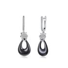 925 Sterling Silver Elegant Cat Water Drop Earrings With Black Ceramic And Austrian Element Crystal Silver - One Size