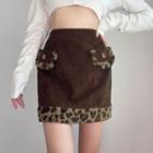 High-waist Furry-trim Leopard Print A-line Skirt