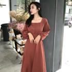Plain Crewneck Puff-sleeve Midi Dress
