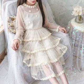 Set: Slipdress + Long-sleeve Tiered Midi Sheer Dress