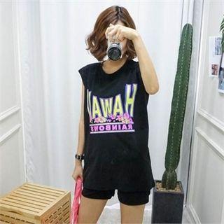 Set: Sleeveless Lettering Top + Sweat Shorts