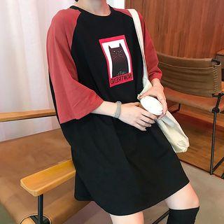 Elbow-sleeve Cat Printed Raglan T-shirt