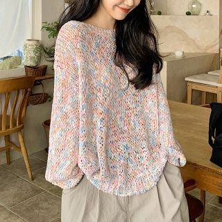 Long-sleeve Round-neck Rainbow Cut-out Knit Top Rainbow - One Size