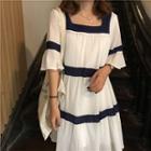 Elbow-sleeve Color Block Chiffon Dress White - One Size