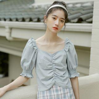 Balloon-sleeve Ruffled Shirred Blouse