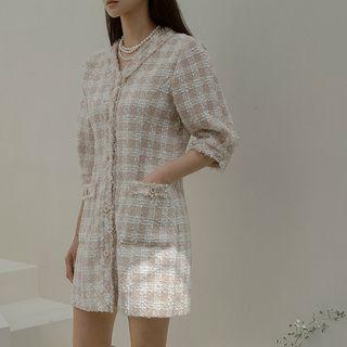 V-neck Checked Tweed Dress
