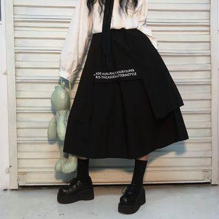 Lettering Layered A-line Midi Skirt Black - One Size