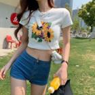 Flower Printed Slim-fit Cropped T-shirt As Figure - One Size