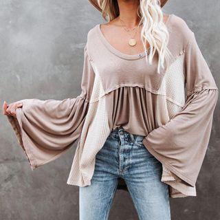 Bell-sleeve Scoop-neck Two-tone Top