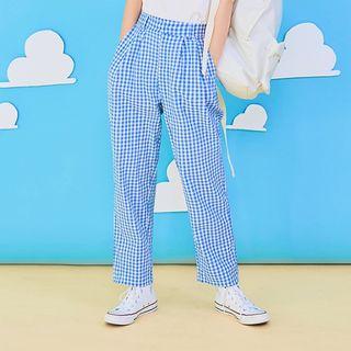 Band-waist Gingham Baggy Pants Blue - One Size