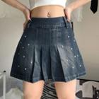 High Waist Rhinestone A-line Pleated Denim Miniskirt