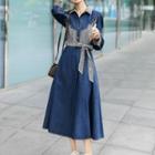 Puff-sleeve Stripe Panel Midi A-line Denim Dress