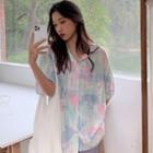 Short-sleeve Tie-dye Print Blouse Pink & Blue & Green - One Size