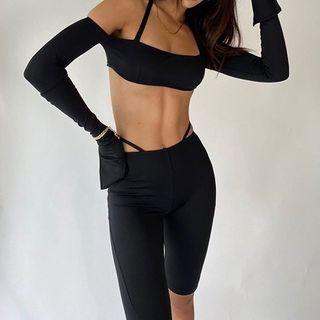 Set: Long-sleeve Cold-shoulder Crop Top + Shorts