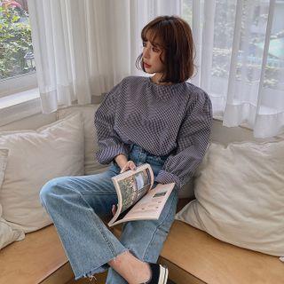 Balloon-sleeve Gingham Blouse One Size