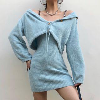 Cardigan / Spaghetti Strap Mini Sheath Knit Dress