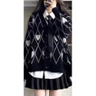 Argyle Cardigan / Shirt / Pleated Mini A-line Skirt / Set