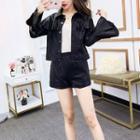 Set: Bell-sleeve Faux Leather Jacket + Faux Leather Shorts