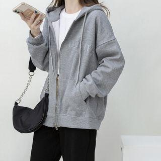 Letter Embroidered Zip Hoodie Gray - One Size