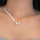 Faux Pearl Butterfly Necklace 1754a# - White & Gold - One Size