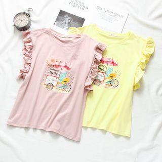 Sleeveless Frill Trim Printed Beaded T-shirt