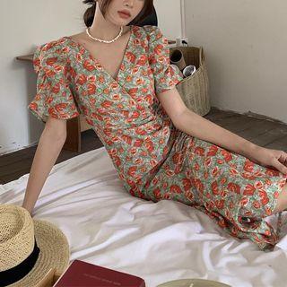 Short-sleeve V-neck Floral Midi Sheath Dress Floral - Tangerine - One Size