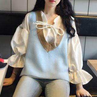 Balloon-sleeve Blouse / V-neck Knit Vest