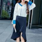 Set: Color Block Blouse + Midi Skirt