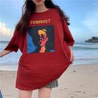 Elbow-sleeve Print T-shirt Red - One Size