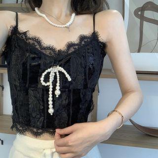 Faux Pearl Bow Lace Camisole Top