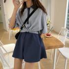Set: Elbow-sleeve Collared Top + Wide-leg Shorts