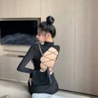 Long-sleeve Lace Up Open Back T-shirt Black - One Size