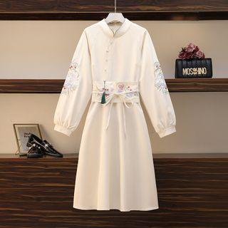 Long-sleeve Flower Embroidered Tie-waist A-line Dress