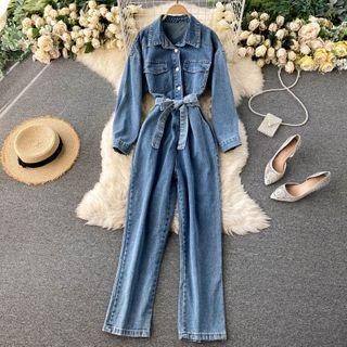 Off-shoulder Denim Jumpsuit With Belt