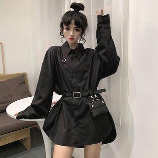 Set: Long-sleeve Mini Shirt Dress + Pouch Set - Black - One Size