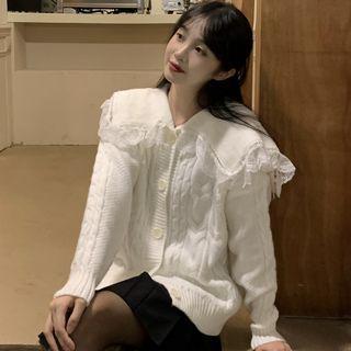 Peter Pan-collar Lace Trim Button-up Sweater White - One Size
