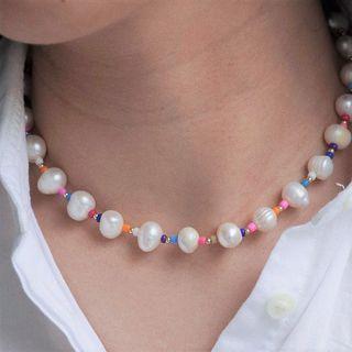 Faux Pearl Necklace Pink & Blue & Orange - One Size