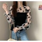 Long-sleeve Shirred Floral Applique Chiffon Top