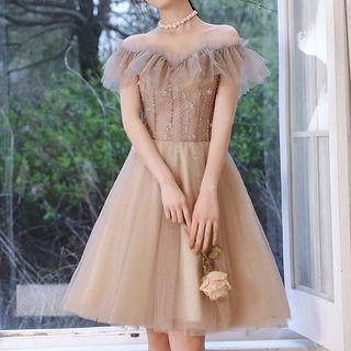 Cold Shoulder Ruffle Trim A-line Party Dress