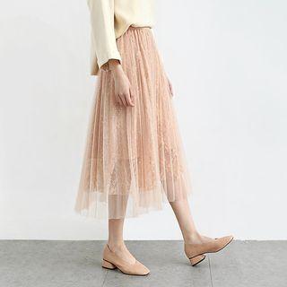 Sequined Lace Panel Midi Mesh Skirt