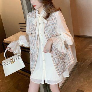 Set: Flared-cuff Blouse + Tweed Plaid Vest + Camisole Top