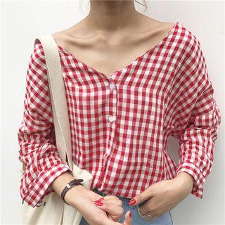 3/4-sleeve V-neck Check Blouse