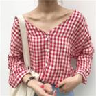 3/4-sleeve V-neck Check Blouse
