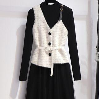 Set: Long-sleeve Mesh Midi Dress + Button-up Vest