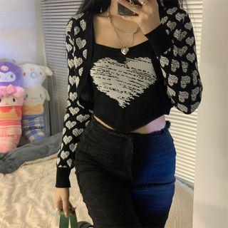 Heart Print Knit Camisole Top / Cardigan
