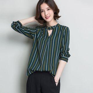 Keyhole Neck Pinstripe Blouse