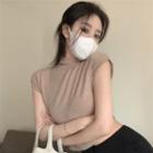 Cap-sleeve Asymmetrical Crop T-shirt Camel - One Size